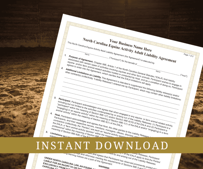 North Carolina State Equine Activity Adult Agreement